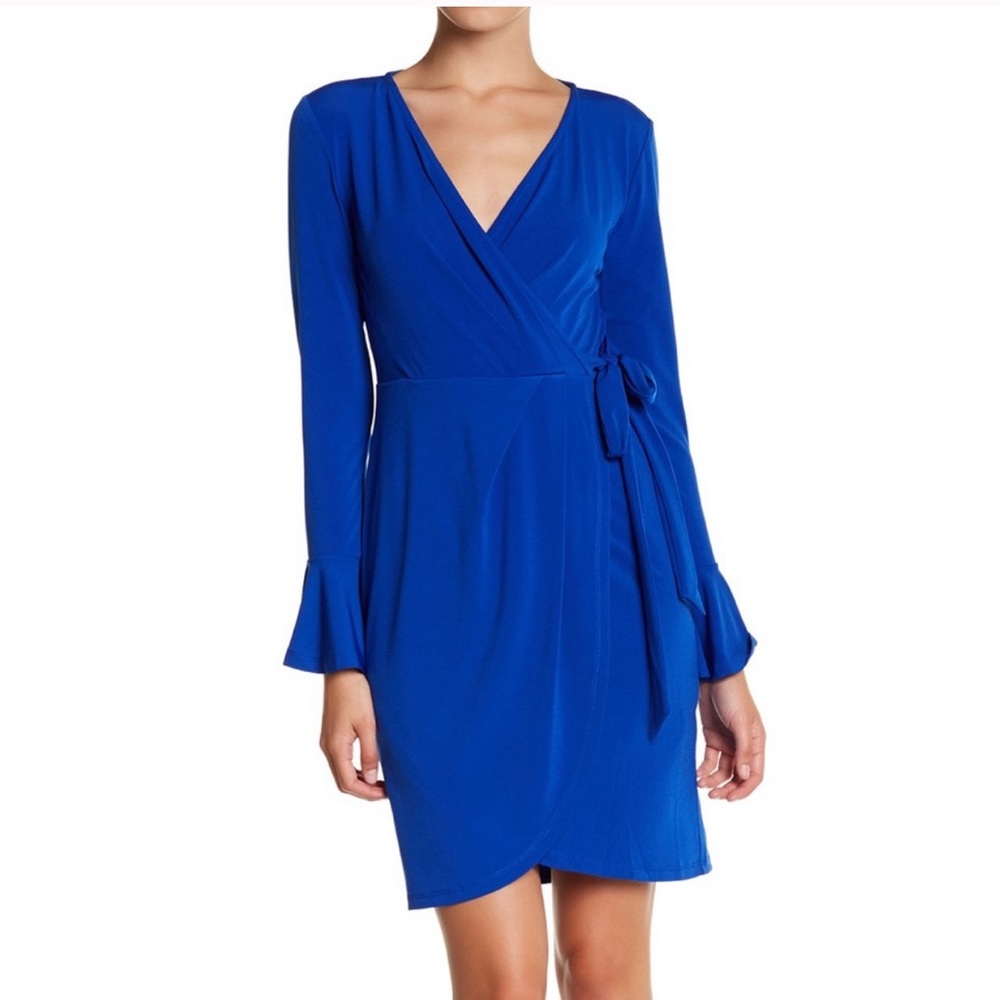 London Times Blue Wrap Dress with Bell Sleeves